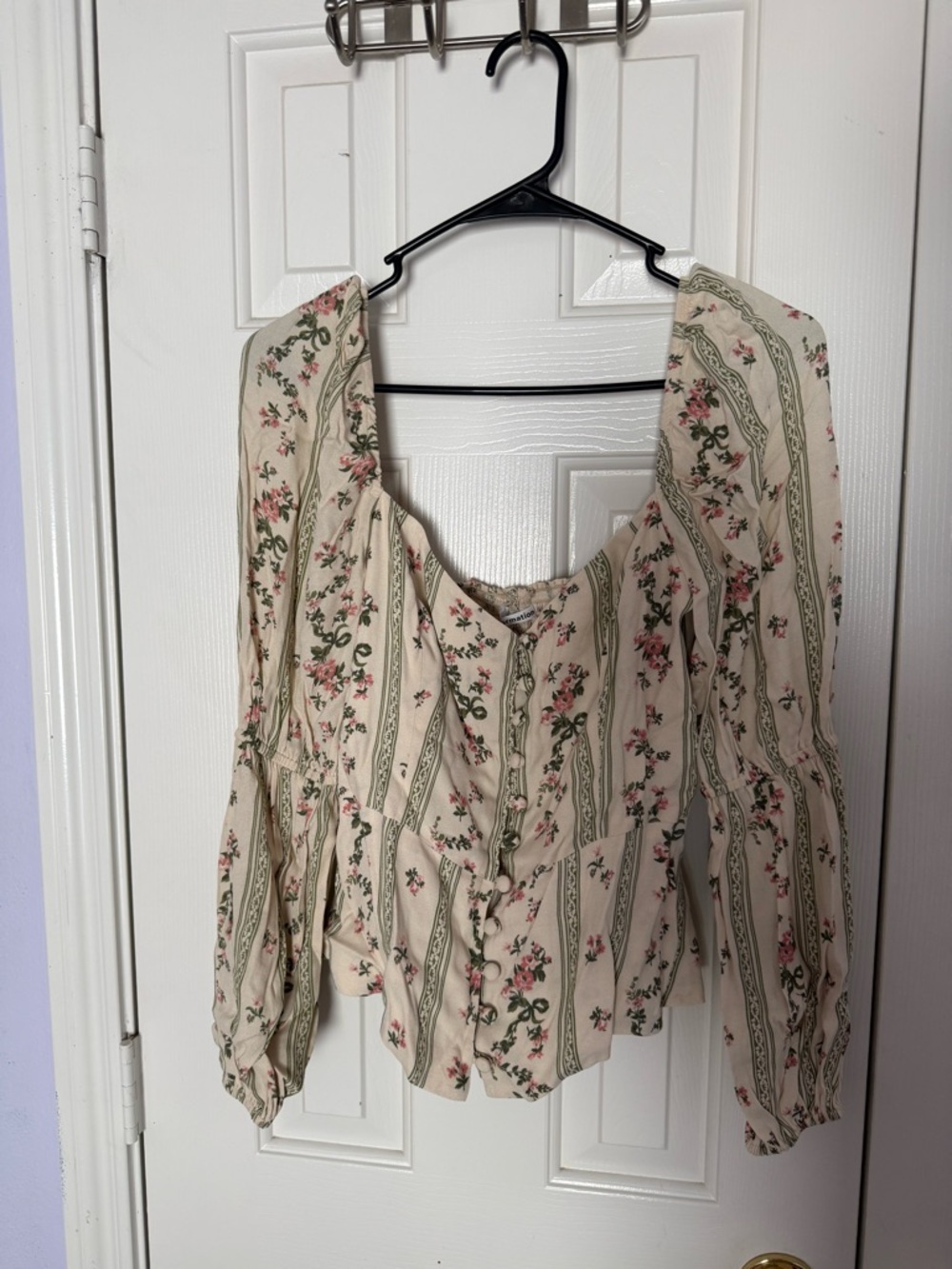 Reformation Cream Floral Peasant Top with Pink & Green Accents